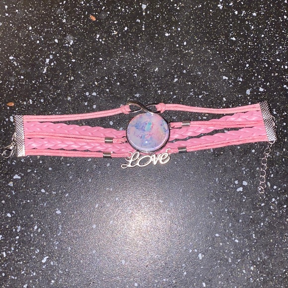 Pink Faux Leather Bracelet with Hand Painted Alcohol Ink Art Under Domed Glass - Picture 2 of 2